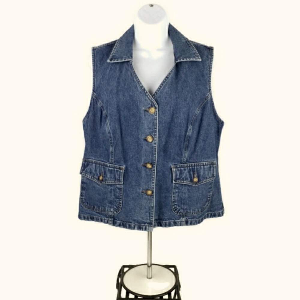 Vintage French Dressing Jeanswear Button Front Denim Vest Womens Medium Wash 14